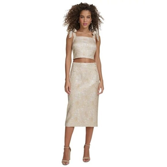 138$ kensie Jacquard Two-Piece Top & Skirts Dress Women's Size 0 Champagne Beige